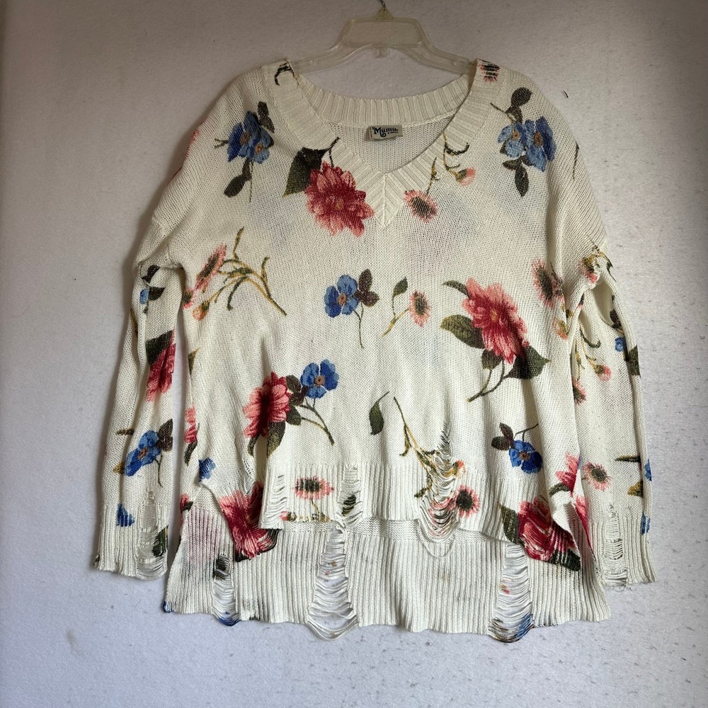 Show Me Your Mumu Cliffside Distressed Sweater Florence Floral Knit XS MS9-1697
